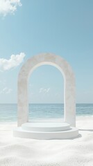 A white archway is set in front of the ocean