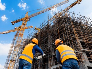 Construction workers in safety gear at a building site with cranes and scaffolding under a bright blue sky.