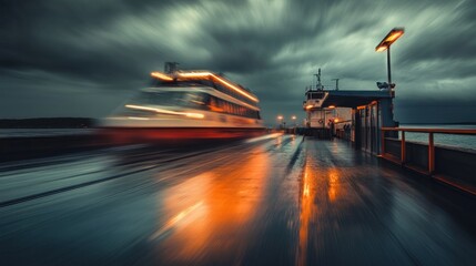 A ferry boat departs from a pier in the rain with a long exposure creating a blur effect.