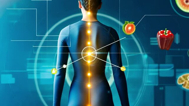 Back view of a human with highlighted spine, showing the importance of spine health and posture. 4K video