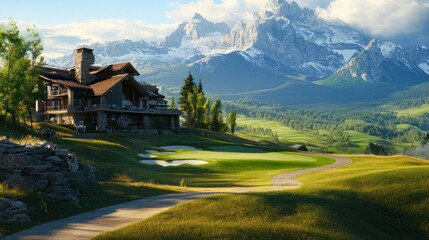 A luxurious wooden house sits atop a rolling golf course, with snow-capped mountains in the background.