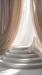 A white staircase with a curtain draped over it