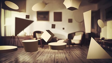 Vintage room with geometric shadows, wooden floor, and blurred background
