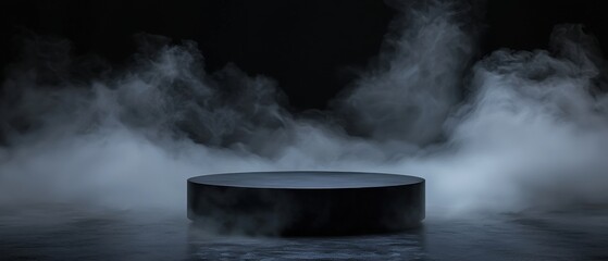 A black podium with smoke and steam surrounding it