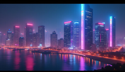 Fototapeta premium neon skyscrapers illuminate futuristic cityscape vibrant colors advanced digital technology