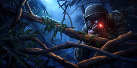 Fototapeta premium A soldier navigates through a maze of fallen trees and tangled vines, their night-vision goggles illuminating the darkness.