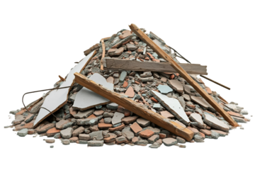 A pile of concrete rubble and construction debris with huge concrete beams 