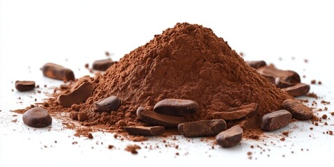 Close-up view of dark brown chocolate pile on light gray background. Chocolate pieces scattered, some flat, others on sides. Rich, dark color stands out against neutral backdrop.