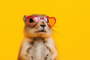 Prairie dog wearing heart-shaped sunglasses on yellow background for valentine's day