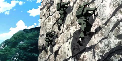Mountain Canyon CQB Drills: Soldiers rappel down a steep canyon wall, their weapons at the ready, practicing close-quarters battle tactics.
