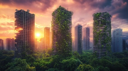 Obraz premium Overgrown skyscrapers at sunset. The buildings are covered in vegetation and the sky is a beautiful orange and purple.