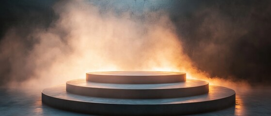 A smokey, foggy stage with a large, circular platform