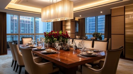Modern dining room with a large wooden table, eight chairs, and a large window overlooking the city.
