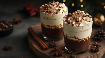 Hot chocolate with chocolate syrup, indulgent and rich, representing a delicious treat against a cozy kitchen backdrop with copy space