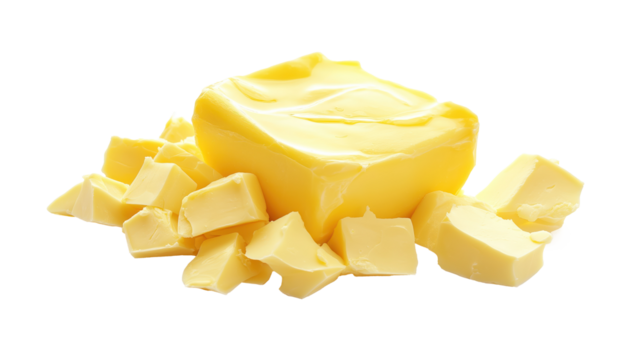 Close-up view of yellow butter block with scattered pieces on isolated transparent background. Central focus on butter. Good condition, no visible damage, stark cut out backdrop makes it stand out.