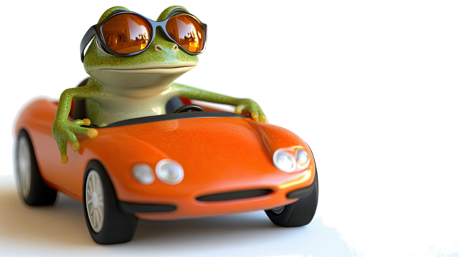 Cool Frog With Sunglasses Driving a Toy Car for Summer Promotion Generative AI