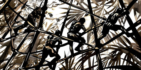 Jungle Gym Grit: Vines dangle from metal beams, as a group of green-beret trainees scale a vertical netting structure in the lush jungle.