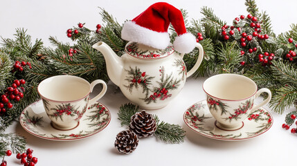 Fototapeta premium Christmas Tea Party Table Setting with Holly and Pine Decor