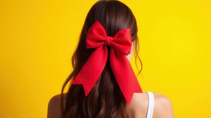 Naklejka premium Stylish red bow for hair placed on flowing brown locks, adding energy to a sunny yellow backdrop