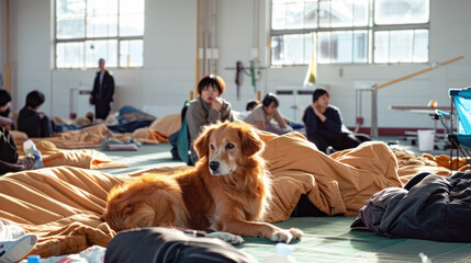 Golden retriever sitting attentively in a disaster relief center, providing a sense of normalcy and comfort to survivors.