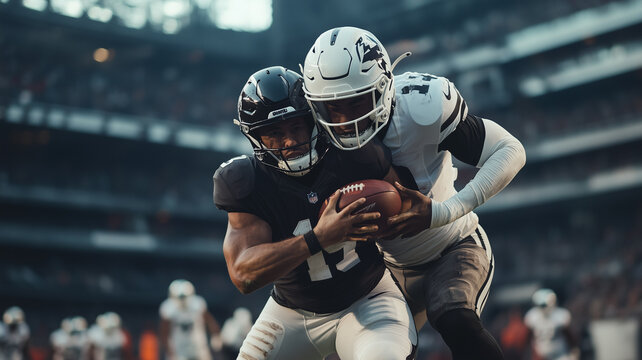 Close-up view of American football players facing off on the field, showcasing their determination and readiness. - Powered by Adobe