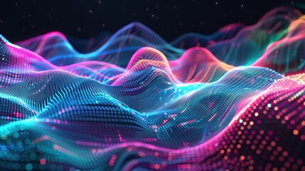 Fototapeta premium Abstract digital art of vibrant, flowing waveforms in blue, pink, and orange hues. Dotted patterns and layered curves create dynamic depth and fluidity on a dark background