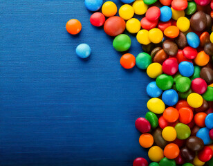border of candy coated chocolate candies with blue background