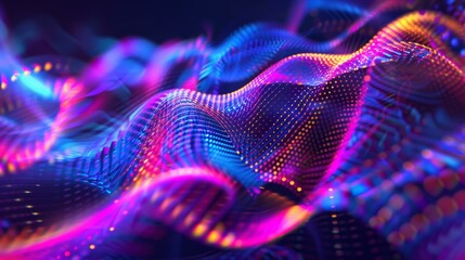 Abstract digital art featuring flowing neon waveforms in pink, blue, and yellow. Dotted textures and curving lines create depth, motion, and a futuristic ambiance against a dark background