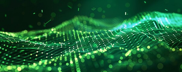 Abstract green digital landscape with interconnected particles and wave patterns on a dark background. Bright nodes form a network-like design, creating a futuristic and high-tech look