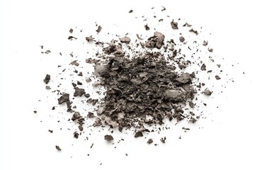 Dark, black soil pile on white background. Freshly disturbed soil with scattered pieces. Distressed, textured, and dirty look of tobacco ash, cigarette waste, or burnt soil.
