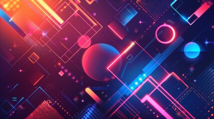 Abstract background featuring vibrant neon geometric shapes in shades of pink, orange, and blue on a dark backdrop. Circles, rectangles, and lines form a dynamic, futuristic design