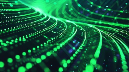 Abstract digital background featuring vibrant green curved lines and glowing dots, creating a sense of motion and flow. Ideal for technology, networking, and data visualization themes