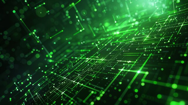 Illuminated green circuit grid with interconnected lines and dots forming an intricate digital matrix. The image features a vibrant glow and depth, resembling futuristic circuitry or data flow