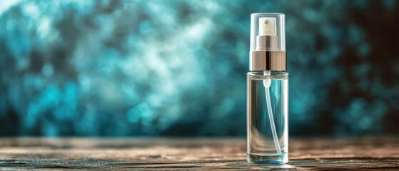 A clear bottle of perfume sits on a wooden table