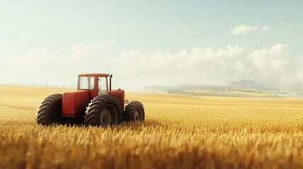 Fototapeta premium Red vintage tractor in golden wheat field under blue sky, embracing cottagecore aesthetic and countryside serenity