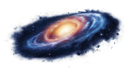 Fototapeta premium Galaxy digital illustration with vibrant blue and orange hues. Stars of varying sizes and colors scattered throughout galaxy. Yellow center stands out against darkness. Flat, two-dimensional style.
