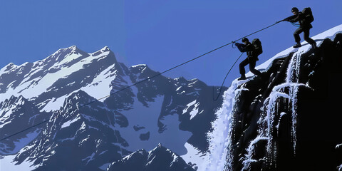 Arid Alpine Assault: A mountainous region blanketed in snow sits in the background, as a group of soldiers rappel down a frozen waterfall during an intense training exercise.
