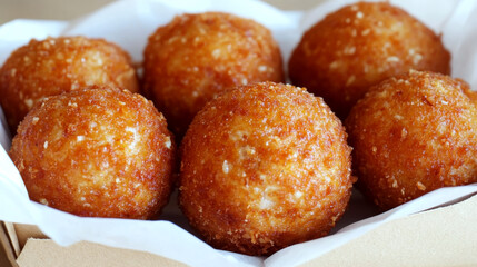 Golden-brown fried balls rest in a paper-lined container. Concept of appetizing fried snack.