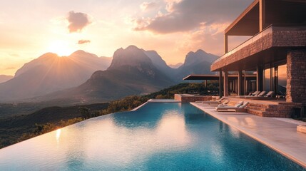 Fototapeta premium A modern house with an infinity pool overlooking a mountain range at sunset.