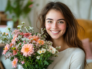 Naklejka premium Woman Smiling Joyfully with Fresh Flower Bouquet