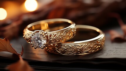Close-up of golden wedding rings atop an open book, symbolizing love and commitment.