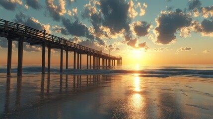 Fototapeta premium A wooden pier extends into the ocean at sunset, with the sun glowing brightly in the distance. The water is calm and reflective, and the sky is filled with clouds.