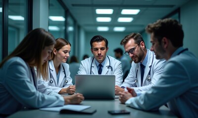 Fototapeta premium A group of five medical professionals collaborates around a laptop in a well-lit meeting room. They focus intently on the screen