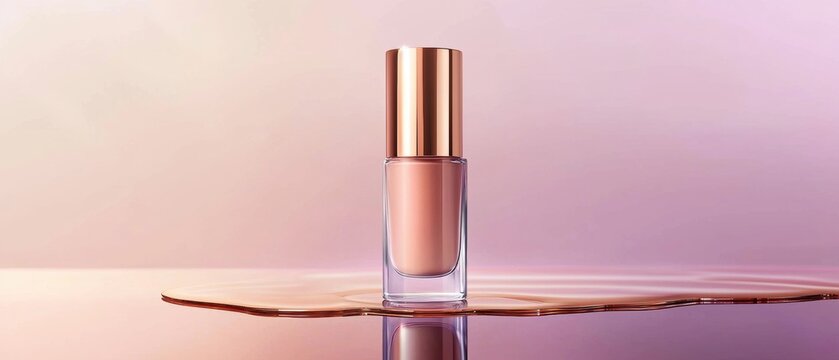 A bottle of nail polish sits on a table with a pink background