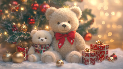 Christmas Teddy Bears Under Tree With Presents and Lights