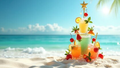 Unique Christmas tree of tropical cocktails on a sunny beach, with clear turquoise water and palms in the background. Perfect for holiday promotions and travel-themed designs.