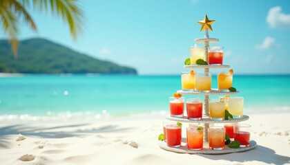 Tropical Christmas tree crafted from colorful cocktails on a beach with clear turquoise water and palm trees. Great for holiday marketing, travel ads, and festive tropical designs.