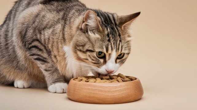 Gray tabby cat eating from wooden bowl, focused and closeup indoors