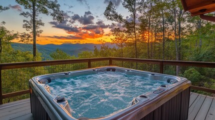 Obraz premium A hot tub on a wooden deck overlooking a stunning sunset with mountains in the distance.