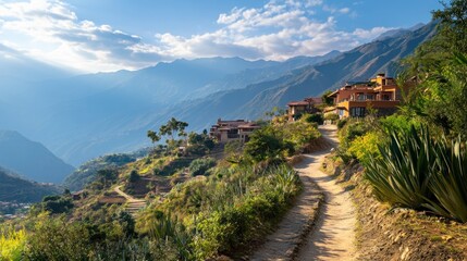 A winding dirt path leads up a mountainside towards a village nestled among lush greenery. Sunlight streams through the clouds, illuminating the scene.